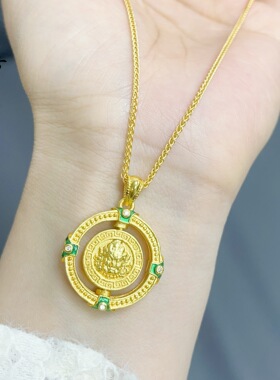 金店同款古法越南沙金绿色点钻招财纳福黄财神吊坠项链仿真金精致