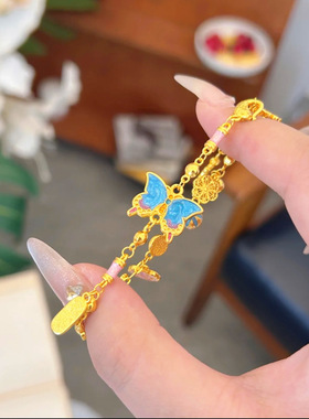 新中式高温珐琅彩蓝色蝴蝶手链 民族风粉色冰碎燕尾蝶国潮手链女