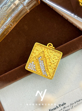 越南沙金新中式国风设计千里江山点钻四方牌吊坠长款毛衣链挂坠女