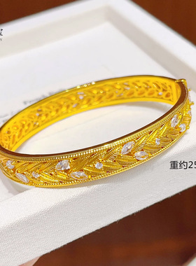 古法越南沙金点钻花藤麦穗卡扣手镯拉丝树叶贵妃手环轻奢仿真金色