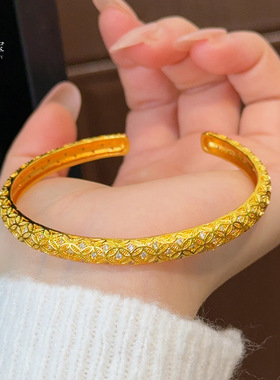金店同款沙金满钻钱币开口手镯古法錾刻铜钱镯子精致轻奢女送礼物