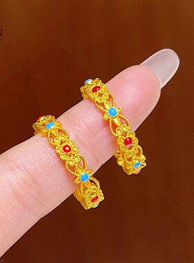 金店款越南沙金不掉色珐琅彩花丝戒指镂空如意开口食指戒防金国风