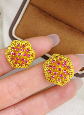 新中式越南沙金玫红钻镂空太阳花戒指花丝锦簇花苞戒指可调节女