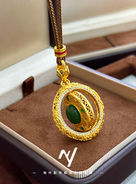 古法越南沙金点钻花丝葫芦平安扣吊坠可旋转挂坠女仿真金色毛衣链