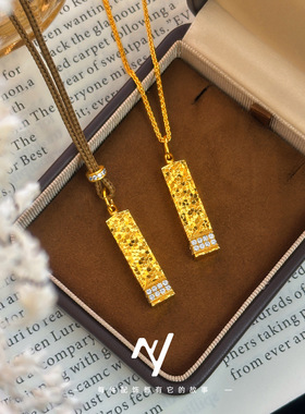 越南沙金999cnc碎冰冰重工点钻四方来财吊坠毛衣链仿真金色挂坠女