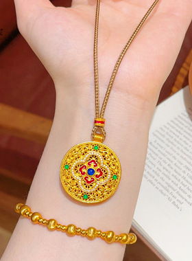 金店同款越南沙金点钻四合如意罗盘吊坠项链花丝圆牌挂坠国风女
