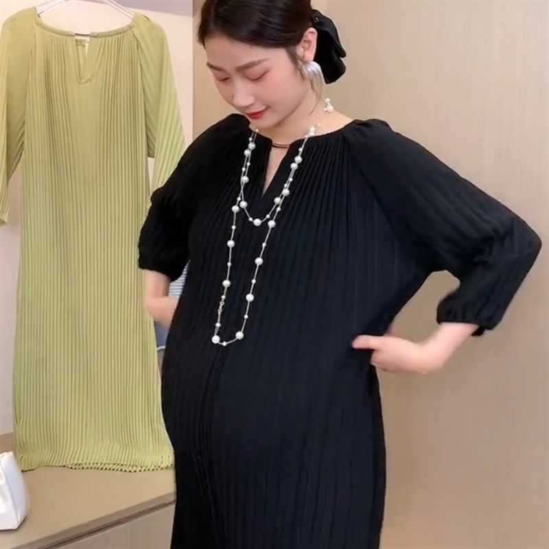 孕妇连衣裙夏季新款时尚圆领百褶纯色裙宽松显遮肚2023年韩版女潮,淘宝优惠券,粉丝福利购,淘宝优惠卷