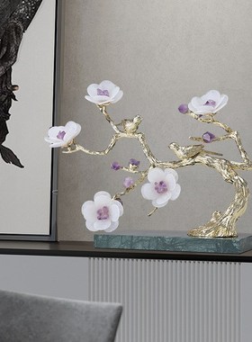 迎客松天然水晶石花喜上枝头摆件客厅H玄关桌面简约家居软装饰品