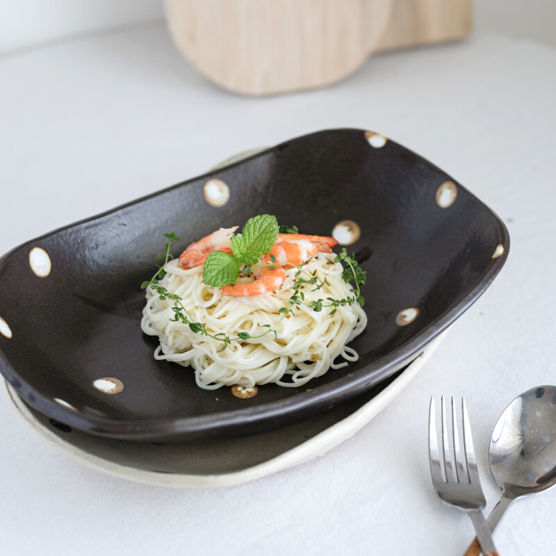 日本进口信乐烧粗陶可爱波点黑白咖喱盘家用水果沙拉盘食器餐具碗 - 图2