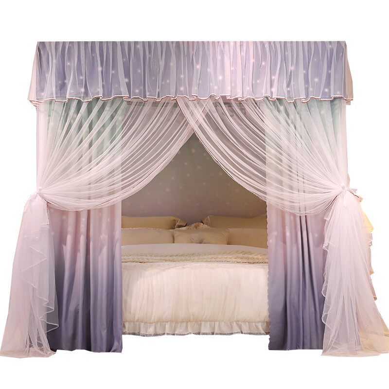 遮光床帘蚊帐一体式落地纯色1.5m加厚床幔含支架防尘1.8家用卧室-图3