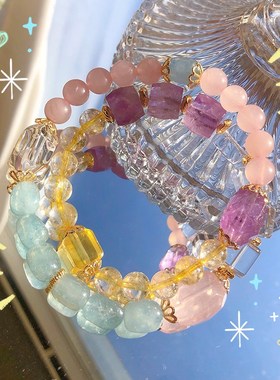 承包你的幸运  爱与被爱双层手链白水晶紫水晶不规则原石手串女