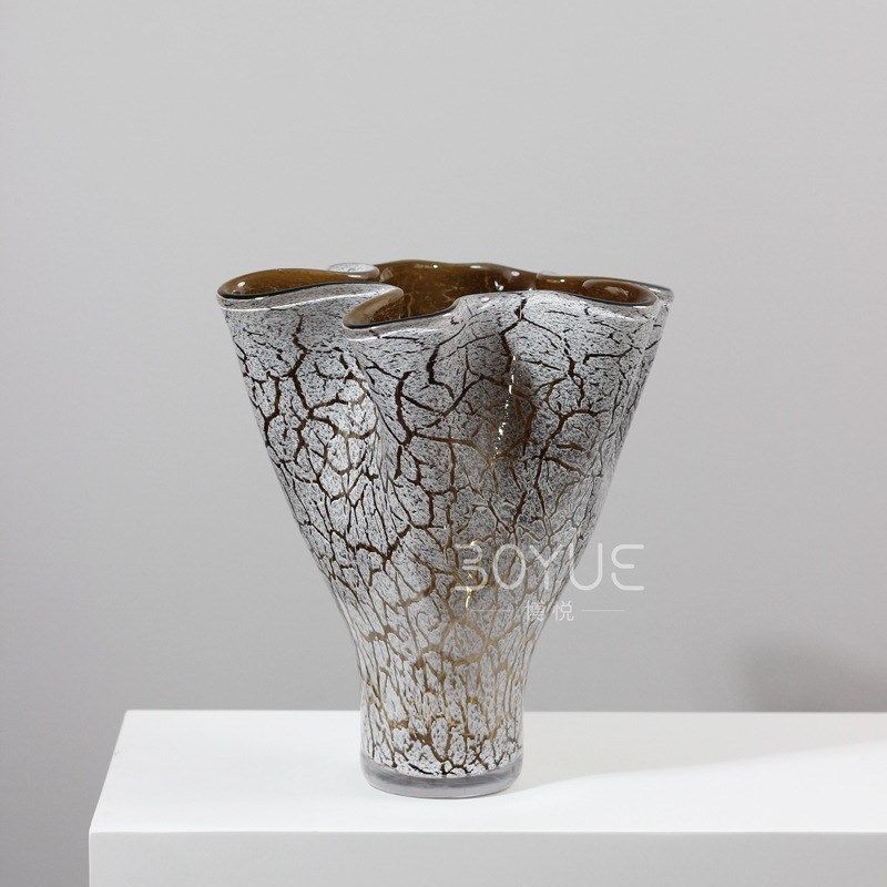 现代复古棕色白裂变花瓣口琉璃花瓶样板间客厅玄关家居装饰品摆件,淘宝优惠券,粉丝福利购,淘宝优惠卷