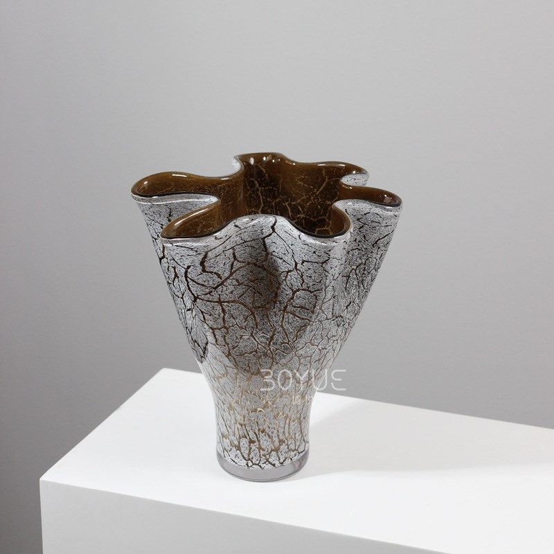 现代复古棕色白裂变花瓣口琉璃花瓶样板间客厅玄关家居装饰品摆件,淘宝优惠券,粉丝福利购,淘宝优惠卷