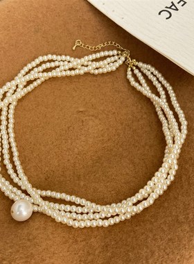 小众设计多层米粒贝珠项链水滴珍珠吊G坠颈链夸张锁骨链铜镀真金