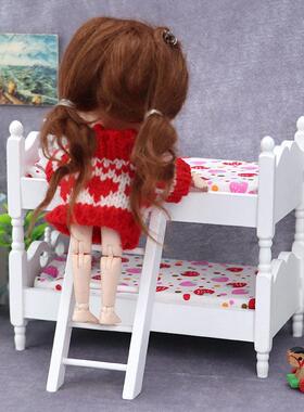 1:12娃娃屋dollhouse迷你家具儿童房微场景白色可爱微缩双层叠床