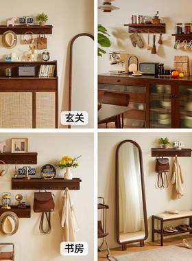 墙上置物架实木壁挂创意门厅挂衣钩带隔板衣帽架层板免打孔收新款