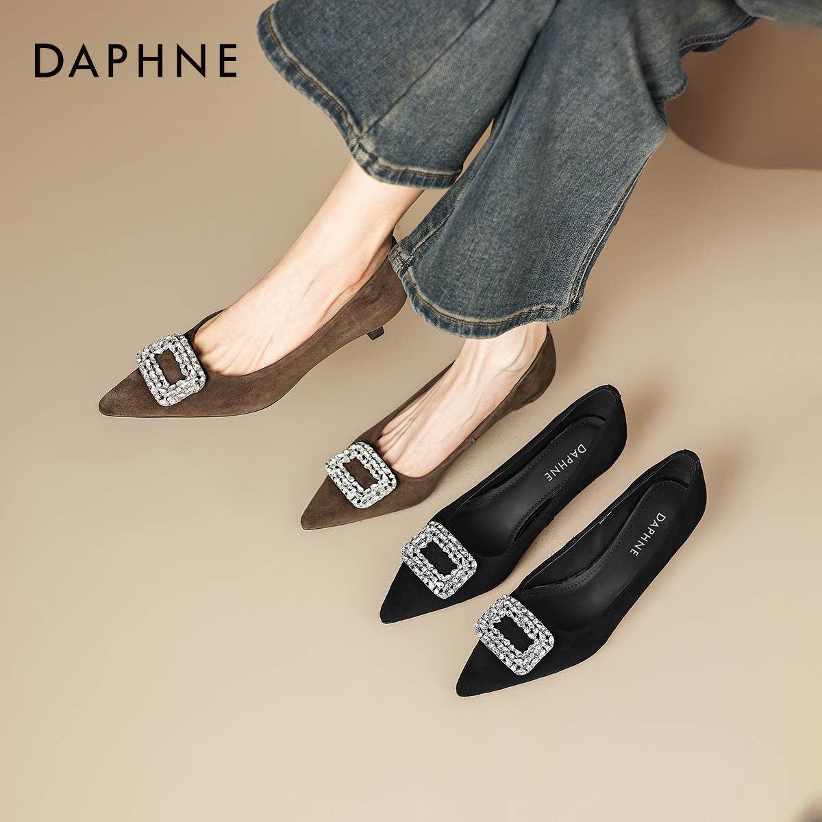 达芙妮高跟鞋女士2025新款秋季经典方扣水钻单鞋浅口优雅通勤女鞋 - 图2