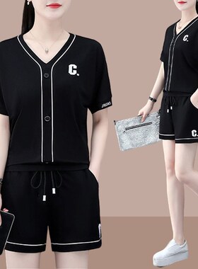 运动套装女夏季h薄2023新款时尚洋气冰丝袖短短裤夏天休闲服两件