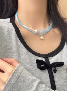 韩版夏日限定蓝色天然石t珍珠项链女清冷感串珠锁骨链国风轻奢颈