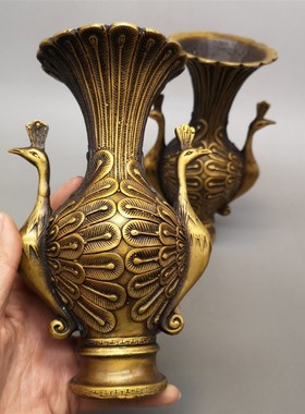 一对纯铜黄铜仿古凤花瓶摆件金属工艺品家居花瓶摆件直销仙雕