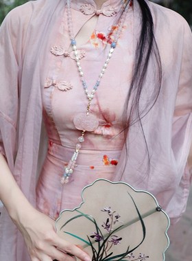 「花想容」粉水晶牡n丹新中式年轻改良旗袍连衣裙流苏压襟汉服项
