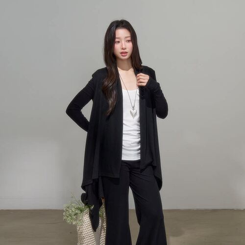 iNSLiiSA 长款不规则黑色薄款气质开衫女针织早春穿搭垂感长外套 - 图0