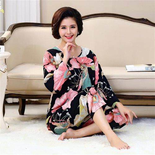 棉绸睡女夏长l袖。妈中老年妈K45125绵绸套装夏季人造衣棉老人家