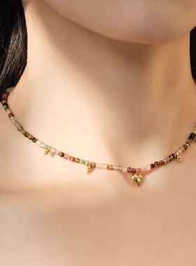 春夏新款爱心碧玺彩色串珠项链小众设计高级颈链饰品叠戴锁骨链