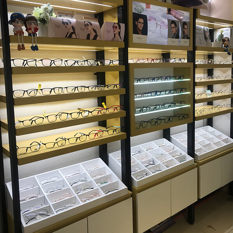 眼镜柜台展示柜眼镜店柜台时尚烤漆木纹实木高低组合陈列柜货架-图3