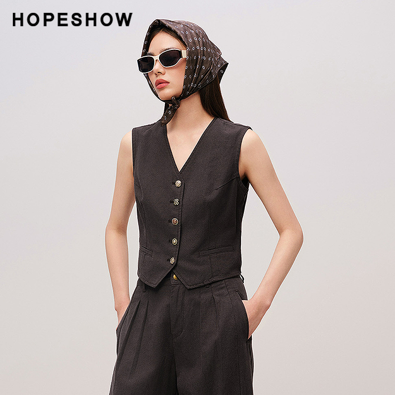 红袖商场同款HOPESHOW2025秋新款女装撞色单排扣收腰V领短款马甲 - 图2