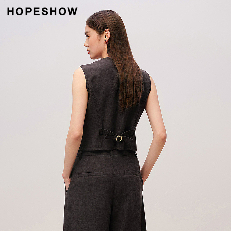 红袖商场同款HOPESHOW2025秋新款女装撞色单排扣收腰V领短款马甲 - 图3