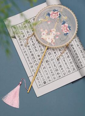 儿童新款刺绣团扇汉服配饰复古 绣花扇子成品团扇古风扇子中国风