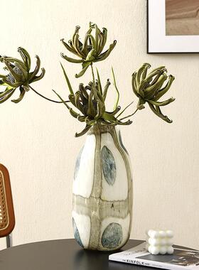 新品蓝绿肌理网格艺术氛围感斑点玻璃花瓶新中式高级手工玻璃花器