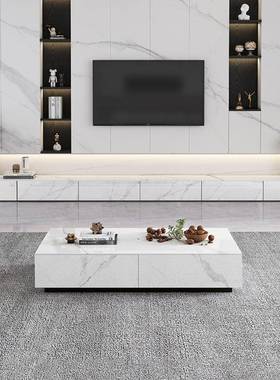 意式亮光岩板电视柜地台实木轻奢现代简约客厅小户型带抽屉落地柜