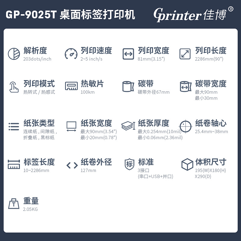 佳博（Gprinter）GP9025T碳带热转印条码标签打印机热敏吊牌洗水 - 图3