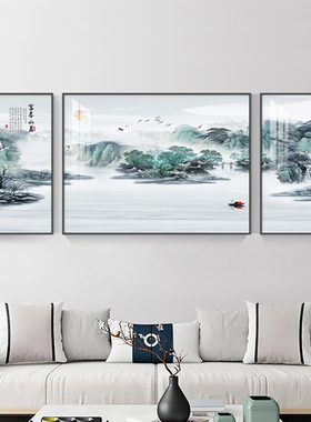 网红景富春山居客禅装饰画厅大气山水中沙发背墙挂画新式水墨意三