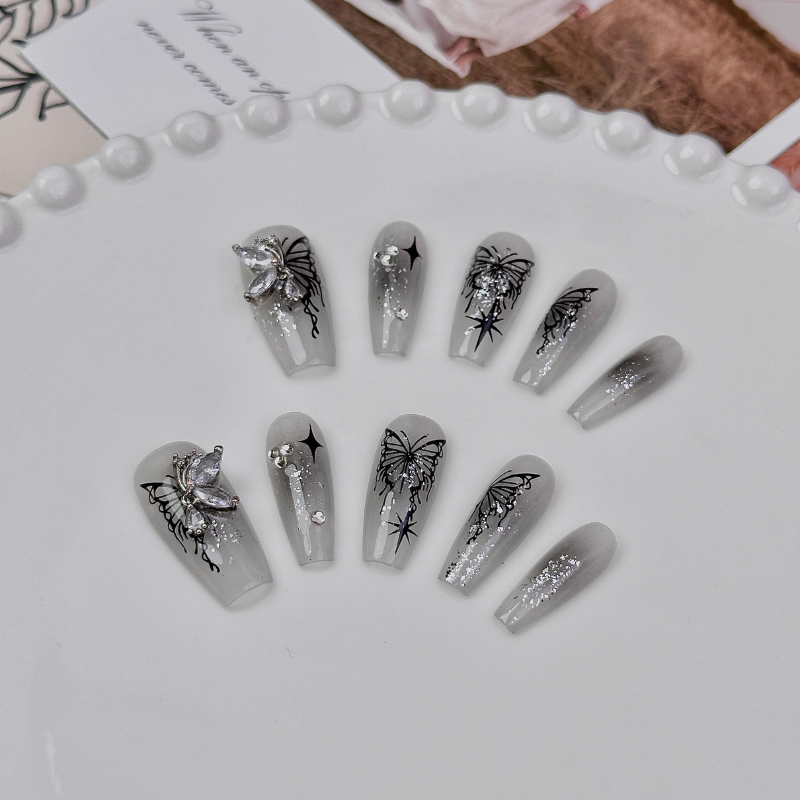 彼岸蝶|毒辣辣暗黑系列手绘黑色蝴蝶手工穿戴甲辣妹晕染蓝美甲-图2