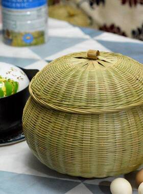 茶叶罐竹编收纳盒有盖 家用竹制品带盖子竹篮 围棋篮手编筐茶饼盒