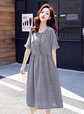 棉麻连衣裙女夏衬衫裙中长款2023新款宽松显瘦亚麻休闲大码孕妇裙