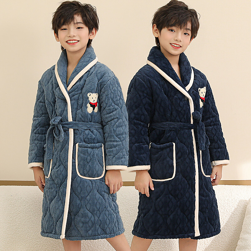 儿童睡袍冬季珊瑚绒男童女童三层夹棉加厚款中大童法兰绒长款浴袍