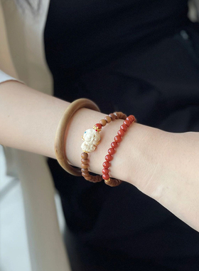 印度老山檀香圆珠两圈原创手链搭配南红玛瑙猛犸象牙度母手串饰品