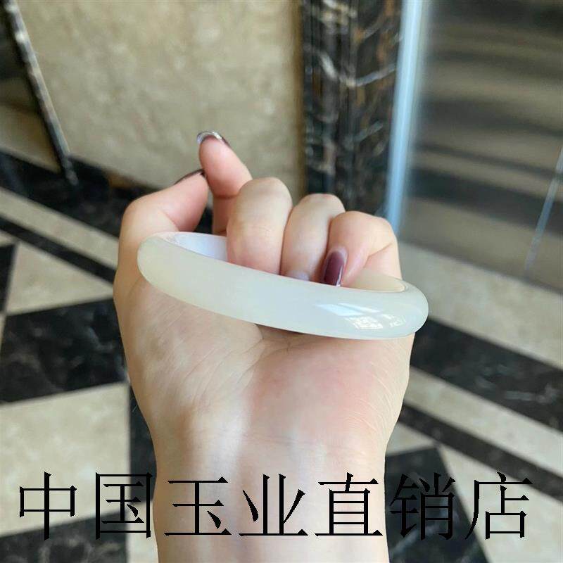 新疆和田玉手镯女款高端胖圆条新疆羊脂白玉金丝玉镯子美人条女饰