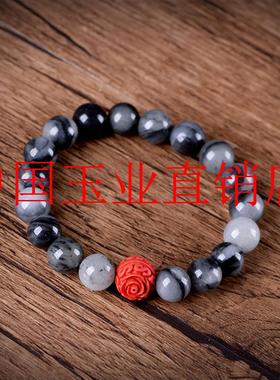 新疆和田玉青花籽料手链男女同款黑白飘花墨玉佛珠圆珠子手串饰品