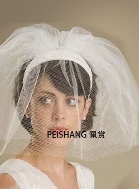 白色蓬蓬头纱发箍短款遮面网纱面纱头饰旅拍登记领证造型新娘头纱