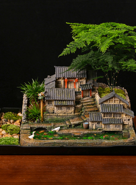 老桩盆景微景观造型盆栽办公桌装A饰摆件复古房子花盆微缩建筑模