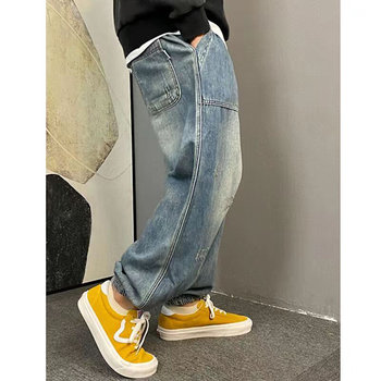 ຂະໜາດໃຫຍ່ພິເສດ 300 ປອນ American casual handsome washed retro scratched jeans for men and women loose leg-tie pants harem 2