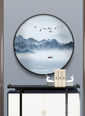 新中式装饰画禅意山水画玄关餐厅圆形挂画书房茶室背景墙客厅壁画