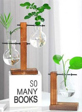 淘新惠创意烧杯水培木架容器绿萝植物玻璃花瓶办公室桌面摆件插花