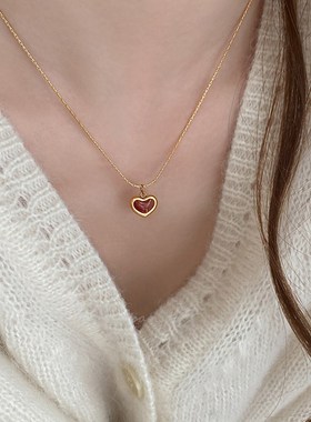 极简风酒红色滴釉爱心耳钉女时尚百搭锁骨链2024新款卫衣链毛衣链