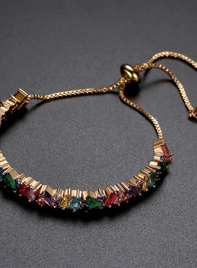 深秋手链 5A锆石镶嵌小众款时尚韩版百搭彩色抽拉绳手链手环新